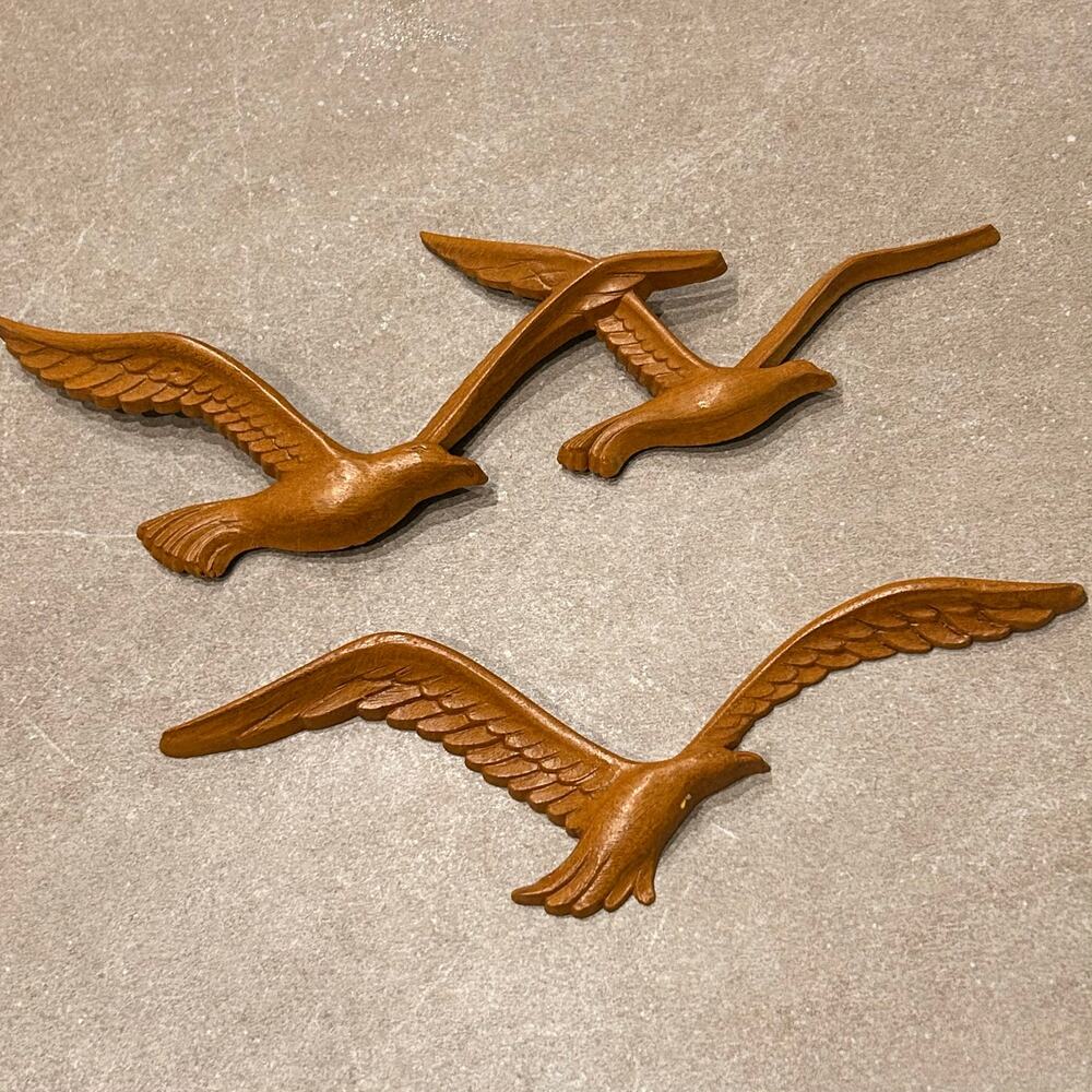 Vintage Set of Flying Seagull Wall Plaques Faux Wood Coastal Decor -